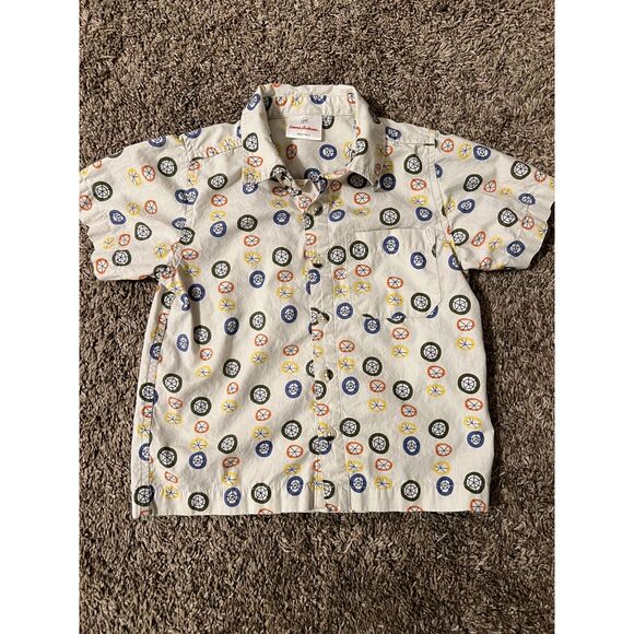 Hanna Andersson 4T Button Up Shirt Circles Wheels Beige Colorful 100% Cotton - Picture 1 of 7